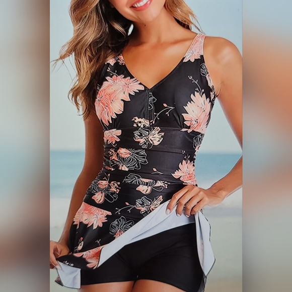 NWT Ruched Tummy Control Comfy Strap Boy Short Swim Dress Tankini Bathing Suit - Picture 3 of 14